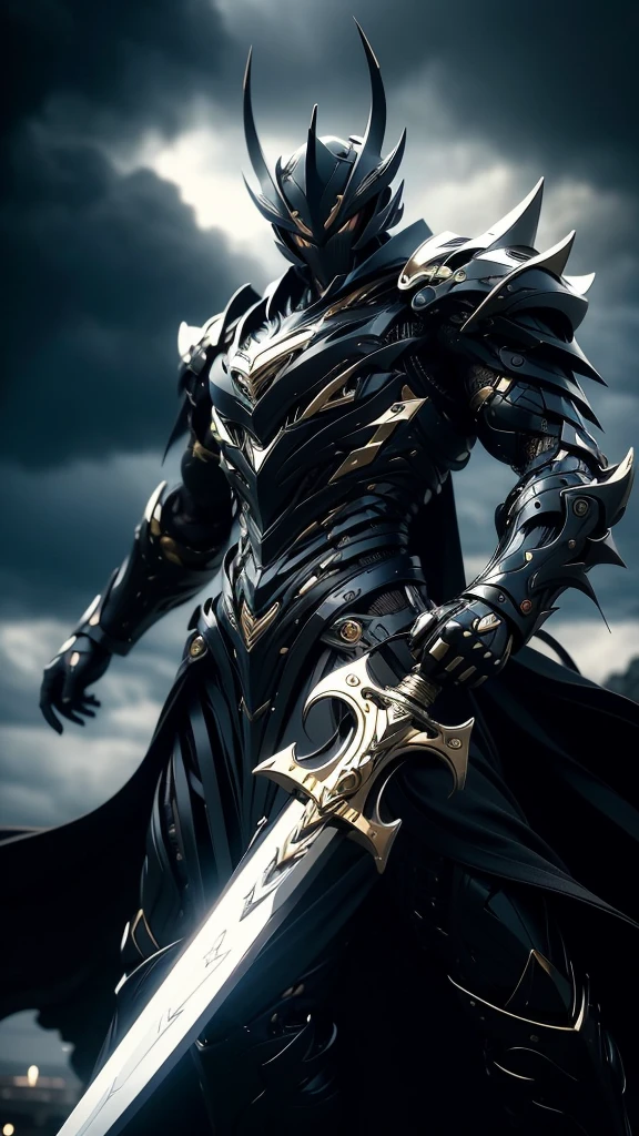 A fierce warrior in full white armor, wearing a large black circle symbol on his chest, wielding a big sword, dynamic battle-ready pose, highly detailed armor textures, sharp sword, dramatic stormy sky background, vivid colors, masterpiece, 8k, photorealistic, chiaroscuro lighting, strong contrast, cinematic composition