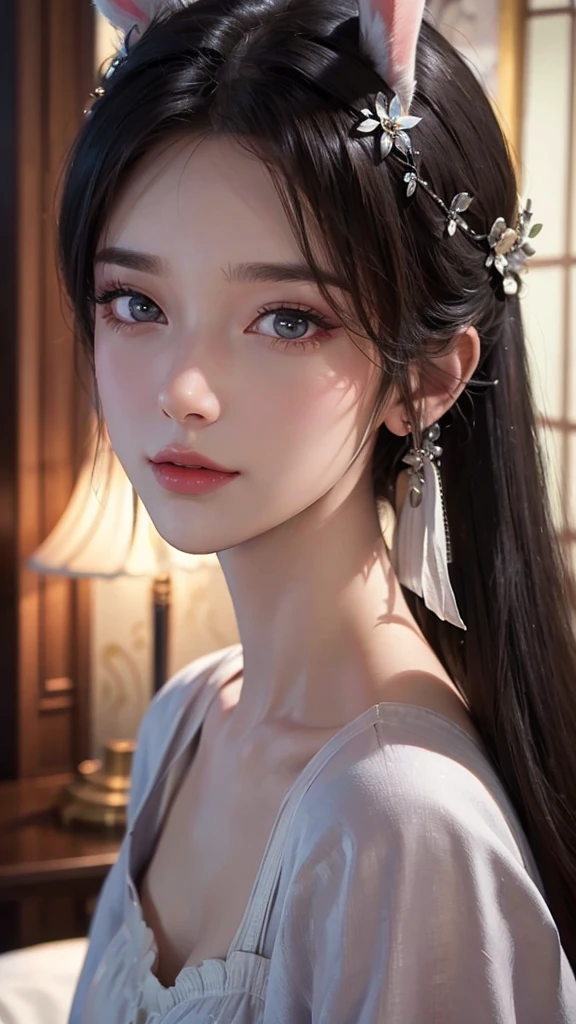 Ultra-realistic 8K CG，s the perfect face，flawless perfection，Ren，tmasterpiece，professionalartwork，famousartwork，s the perfect face，beauitful face，Beautiful eyes，（（Perfect female body））Close-up of a woman with rabbit ears,