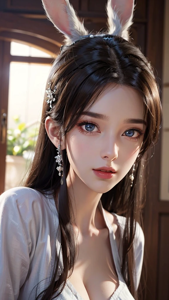 Ultra-realistic 8K CG,s the perfect face,flawless perfection,Ren,tmasterpiece,professionalartwork,famousartwork,s the perfect face,beauitful face,Beautiful eyes,((Perfect female body))Close-up of a woman with rabbit ears,