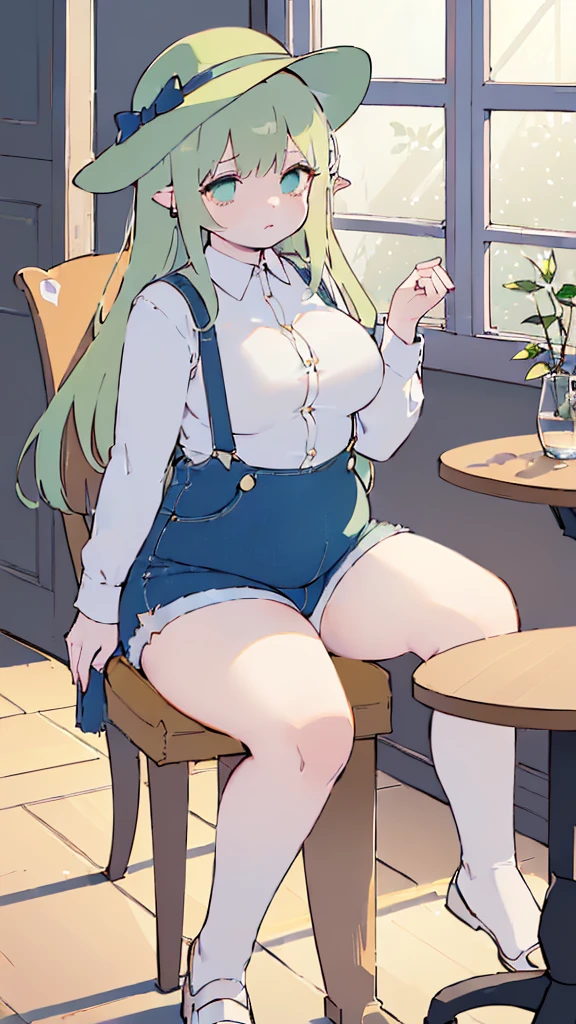 (flat:1.5),(cafe, window, sunlight, table, chair, sedentary:1.5) (big ass, thick thighs:0.7), (warm light source:1.2), intricate details, volumetric lighting, Realism BREAK(masterpiece:1.2), (top quality), 4K, ultra detail, (Dynamic configuration:1.4), Very detailed and colorful details,(rainbow colors:1.2), (shining lights, atmospheric lighting), dreamy, magical, (alone:1.2), intricate details, cheeky expression, (big breasts:1.5), (green eyes:1.5), (a devastated expression, dead eyes, dark atmosphere:1.5), (Green long hair:1.5), (shoes, buttoned dress shirt, Small hat,Small and tight denim shorts:1.5), (chubby), (beautiful eyes, flushing:1.5),(human ear,thin legs:1.5),(chair에 sedentary, diagonal shot:1.5), (embarrassing:1.5),(diagonal shot:1.5)