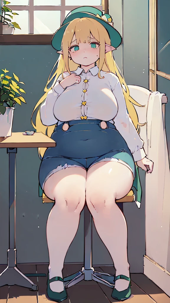 (flat:1.5),(cafe, window, sunlight, table, chair, sedentary:1.5) (big ass, thick thighs:0.7), (warm light source:1.2), intricate details, volumetric lighting, Realism BREAK(masterpiece:1.2), (top quality), 4K, ultra detail, (Dynamic configuration:1.4), Very detailed and colorful details,(rainbow colors:1.2), (shining lights, atmospheric lighting), dreamy, magical, (alone:1.2), intricate details, cheeky expression, (big breasts:1.5), (green eyes:1.5), (a devastated expression, dead eyes, dark atmosphere:1.5), (Green long hair:1.5), (shoes, buttoned dress shirt, Small hat,Small and tight denim shorts:1.5), (chubby), (beautiful eyes, flushing:1.5),(human ear,thin legs:1.5),(chair에 sedentary, diagonal shot:1.5), (embarrassing:1.5),(diagonal shot:1.5)