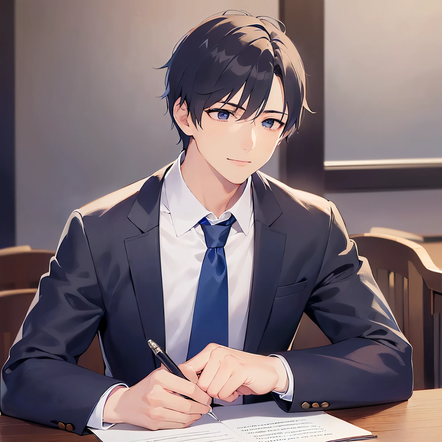 (looking away:1.5),Taking notes、upper body、shiny skin, masterpiece、highest quality、(25-year-old male:1.5) and (Black short hair) and (blue eyes), (Wearing a suit:1.5) and (Blue tie)、Sitting、smile, The background is the office、alone、