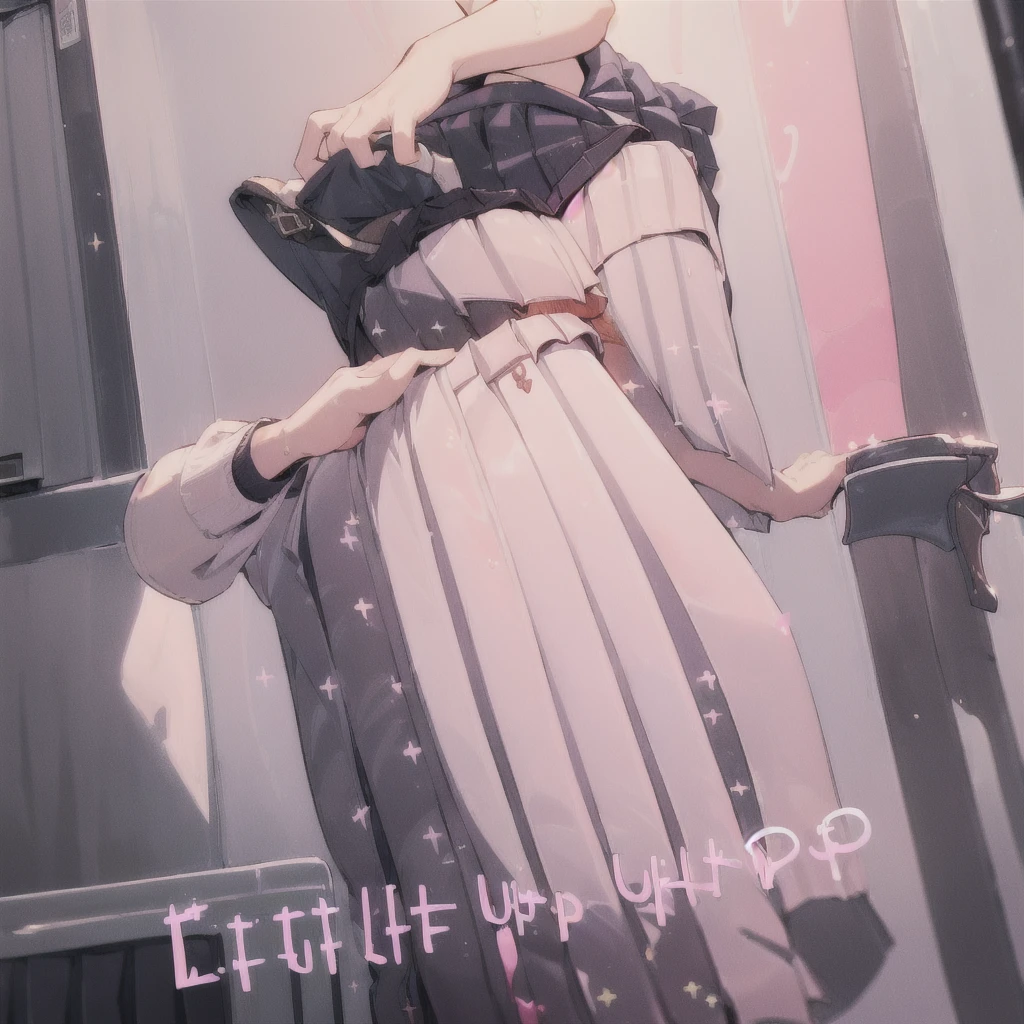 ((Lift up pleated skirt 1:2)),(Show your chest),(Pink nipples),(Large Breasts),black tights,White pleated skirt,Large sweater,Waistline,Looking up,My crotch is so wet,blush one's cheeks,Beautiful woman with pink hair,