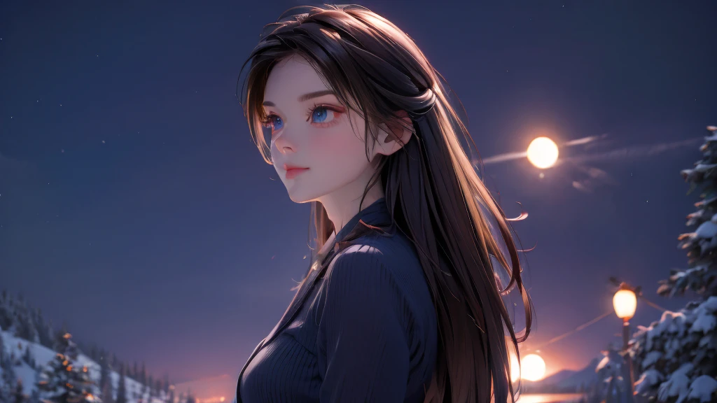 1 girl, medium light brown hair, light blue eyes, wearing black suit, night city, absurdres, high res, ultrasharp, 8K, masterpiece, looking from behind