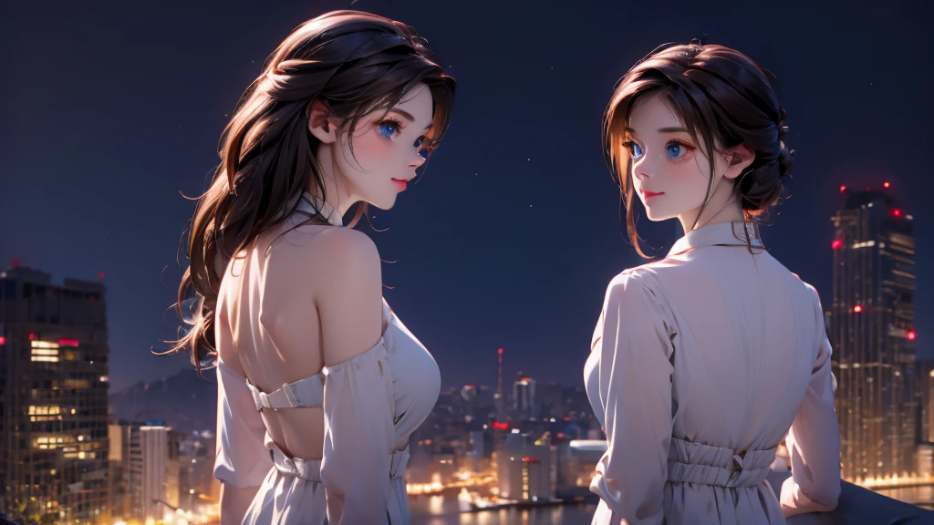 1 girl, medium light brown hair, light blue eyes, wearing black suit, night city, absurdres, high res, ultrasharp, 8K, masterpiece, looking from behind