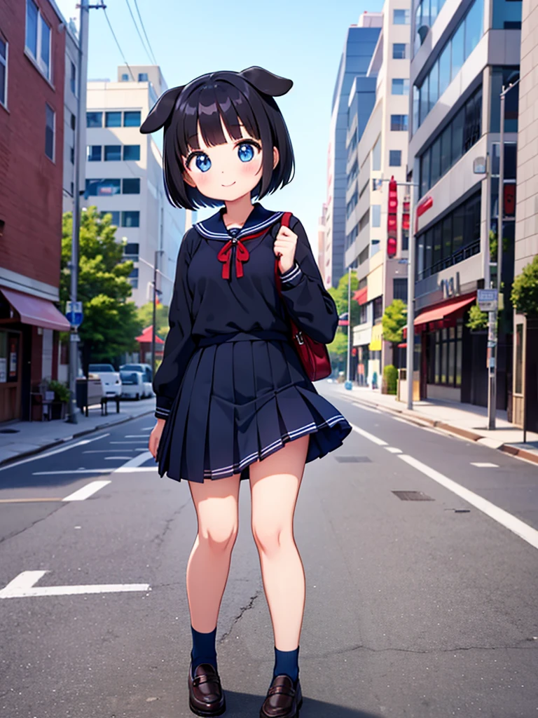 Short black hair Adult female　Dog Ears　Dark blue colored eyes　A student wearing a navy blue sailor uniform with a red ribbon　In the city　smile