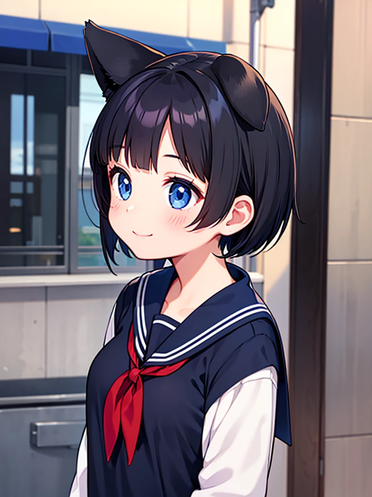 Short black hair Adult female　Dog Ears　Dark blue colored eyes　A student wearing a navy blue sailor uniform with a red ribbon　In the city　smile