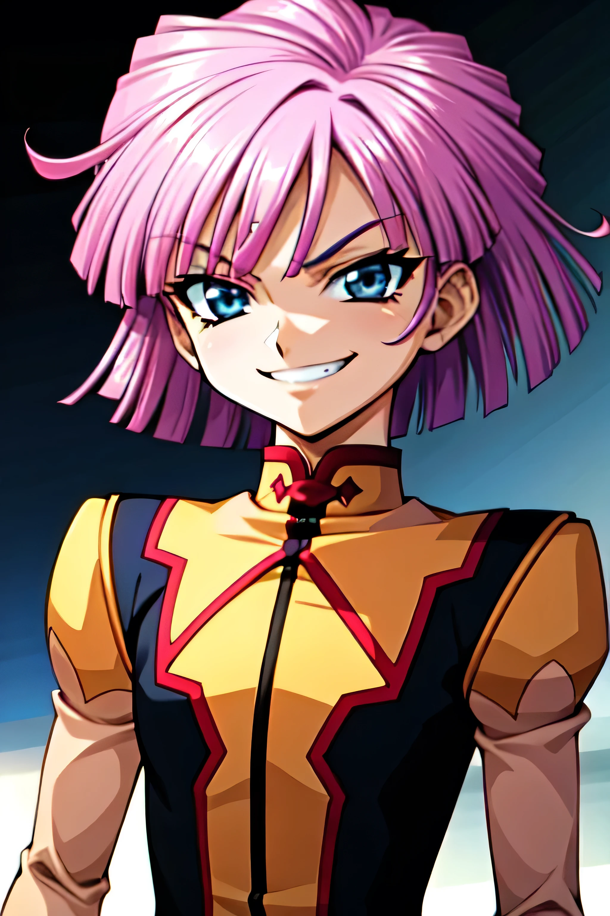 (best_quality 4K, 8K, High resolution, Masterpiece: 1.2), ultra detailed),from_below,(anime_screencap),(1girl,solo),dynamic_angle,too evil_smile,too evil laugh at,tis,deep shadeded_face,too sadistic,smile worst,,bob short hair,,,looking at viewer,upper body,