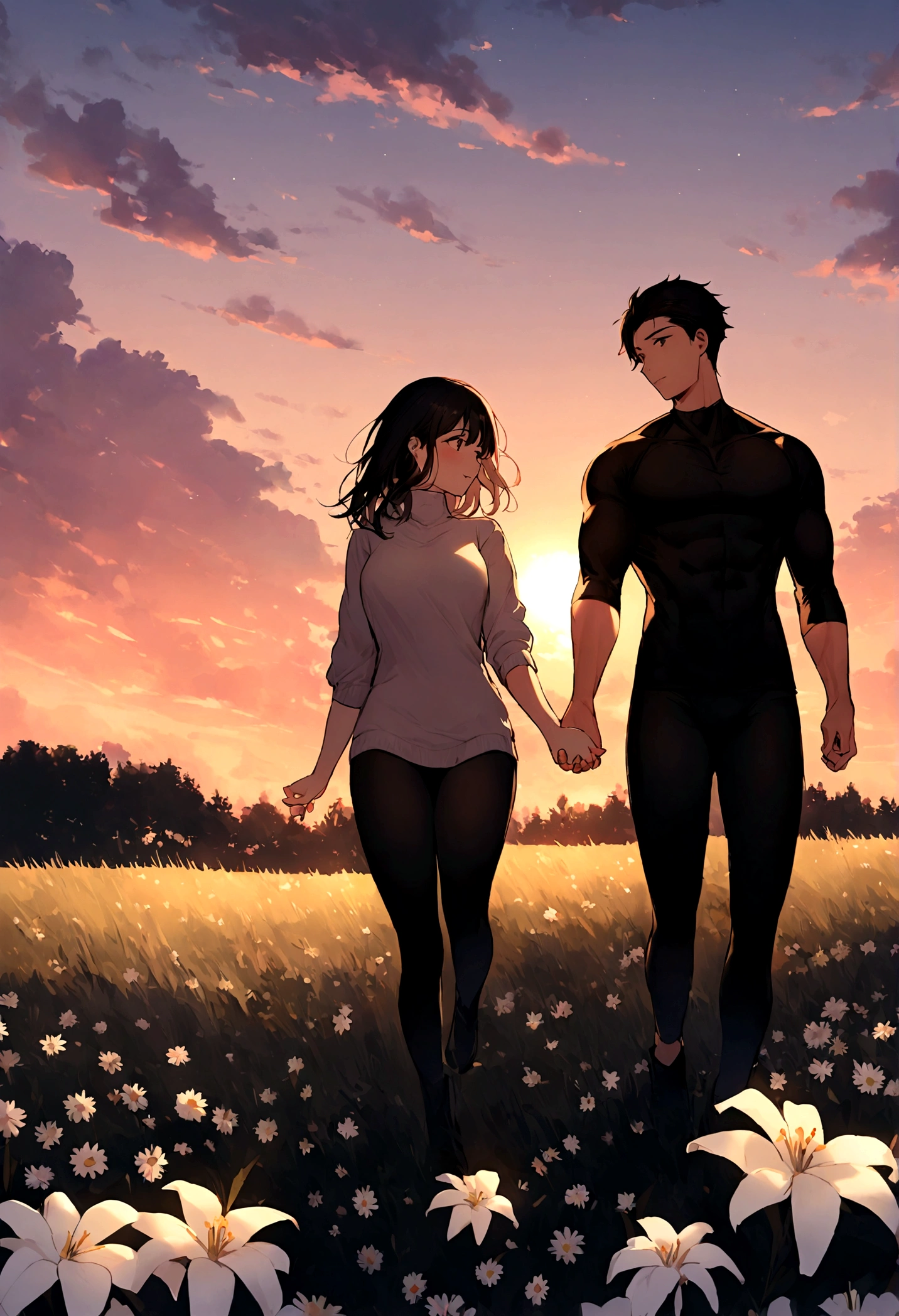 [1 couple] Romantic Atmosphere, 1 girl with body con leggings and short black hair holding hands of 1 tall and muscular wearing a compression shirt in the sunset, romantic, grass field, white flowers