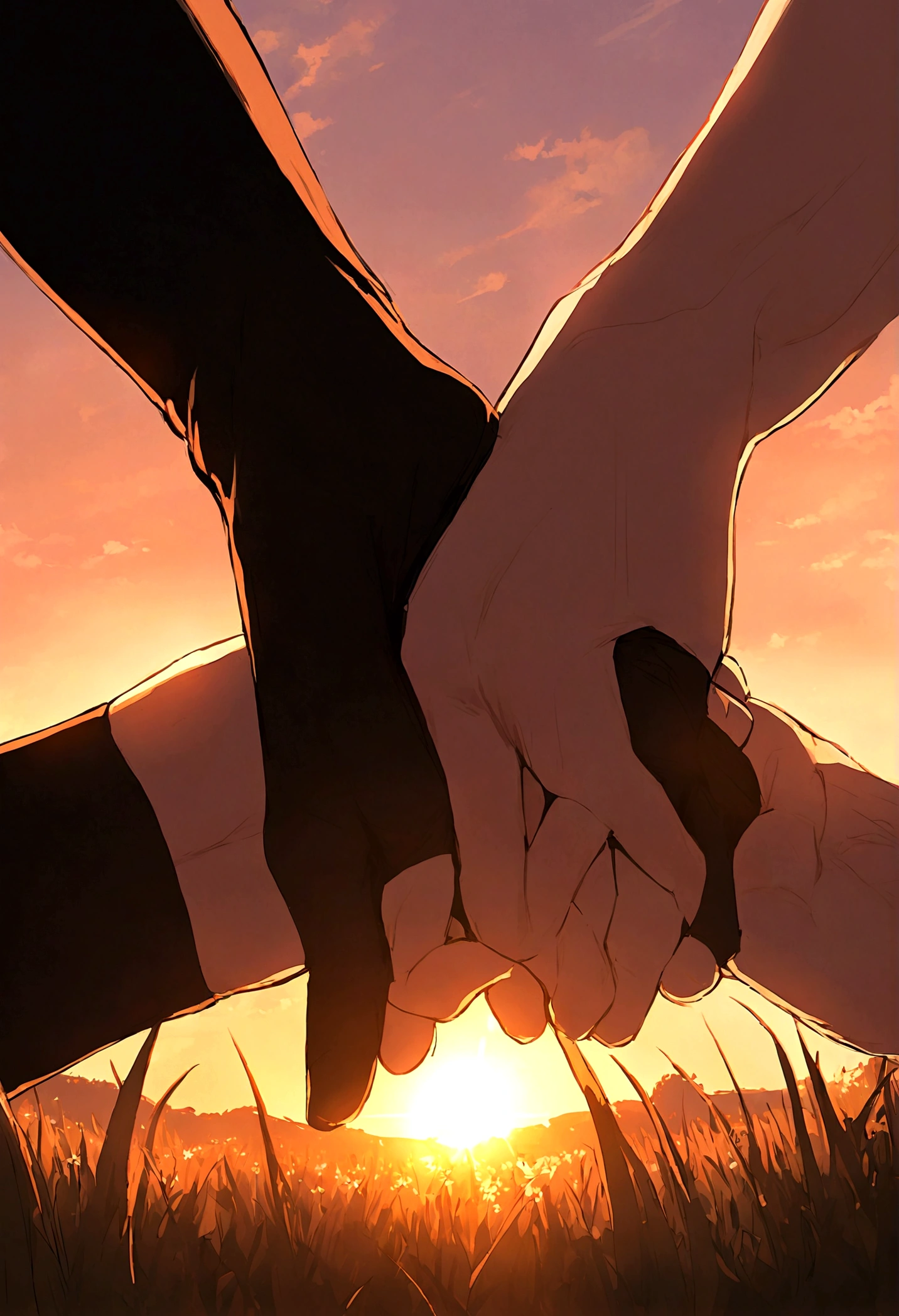 [1 couple] Romantic Atmosphere, 1 girl with body con leggings and short black hair holding hands of 1 tall and muscular wearing a compression shirt in the sunset, romantic, grass field, white flowers