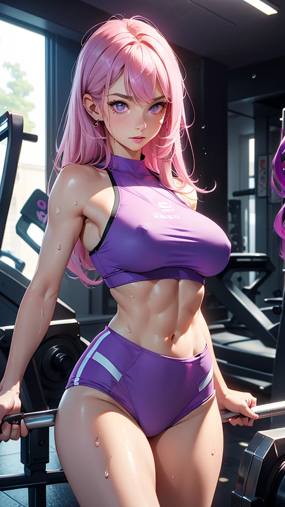 Best Quality, Masterpiece, Portrait, Perfect Anatomy, Femininity, Cool, Flawless, One Woman, Solo, Sexy, Stylish, Mature, Purple Eyes, Long Light Pink Hair, Big Breasts, Girl at the Gym, Water Drops, Sweat, Wet, abs, dumbbells, gym, sexy sports outfit, wet nipples, cutout top, big breasts