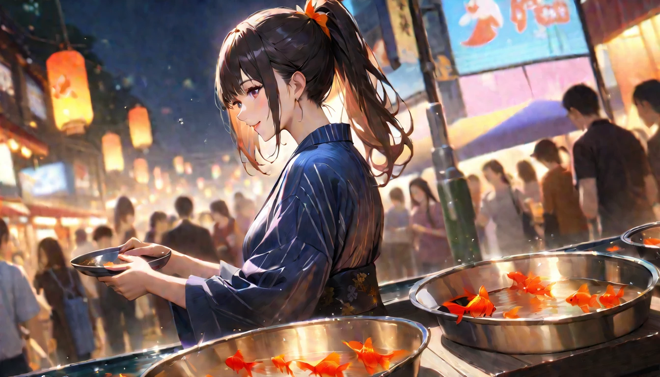 Summer festival,night, yukata, Goldfish scooping,Blur the background,High school girls,ponytail,smile,Glitter effect,highest quality, 4K, 8k, High resolution, masterpiece:1.2, Very detailed, Realistic:1.37, High resolution, 超High resolution, Ultra-fine painting, Sharp focus, Physically Based Rendering, Very detailedな説明, Professional, Vibrant colors