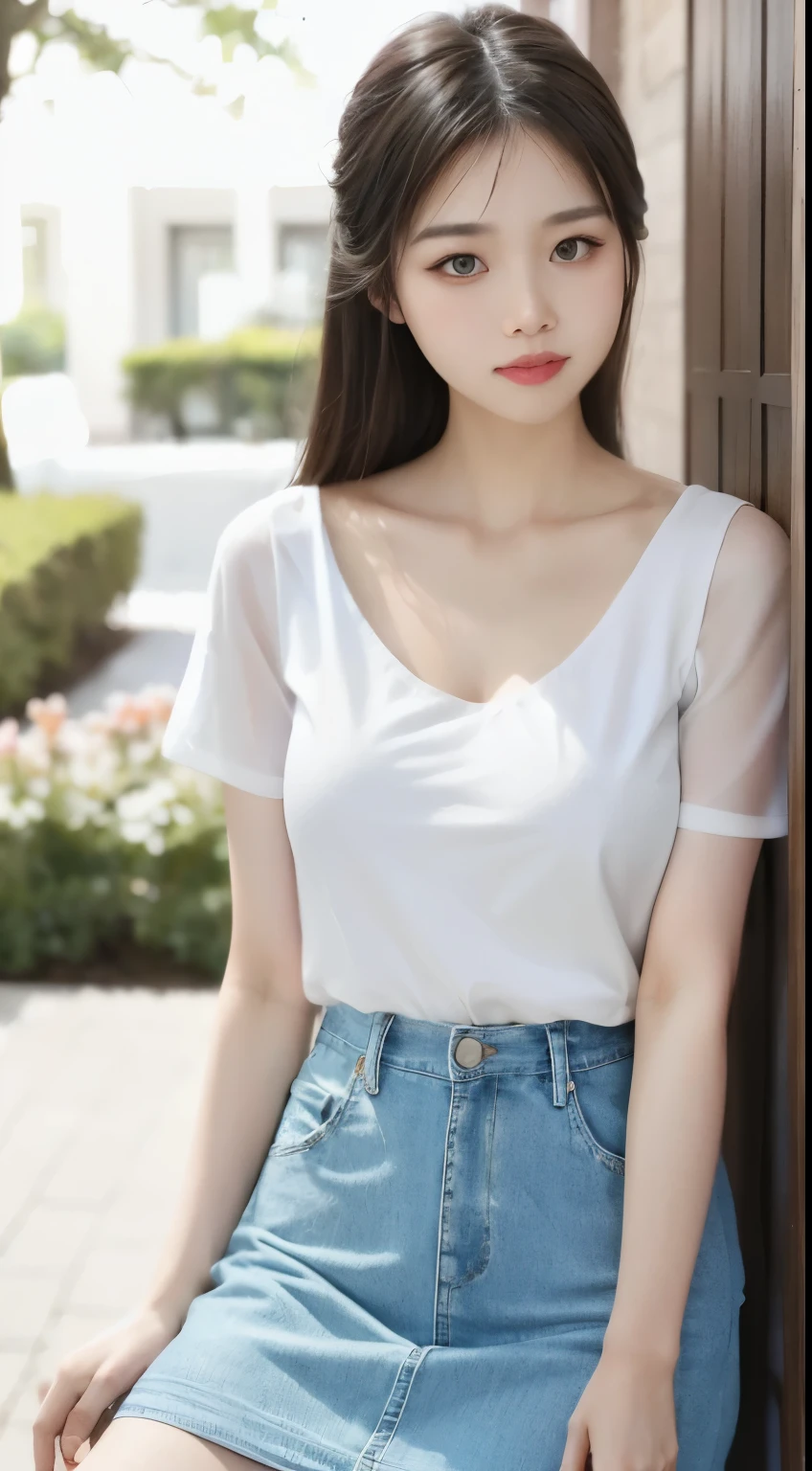 Beautiful and attractive women in fashion trends, Soft and lovely Chinese beauty, big bust, delicate sexy collarbone, attractive goose egg face, double eyelid, flexible peach blossom eyes, pink lips, small upturned nose, bare shoulders, Focused Faces, face close up, Ultra-high definition, super detail, full body photo, very thin translucent, With a light blue denim skirt and beige T-shirt., Soft light color sex on white and beautiful skin, outstanding temperament, furthermore、The elastic combination that matches the overall look is also noticeable., looks transparent,