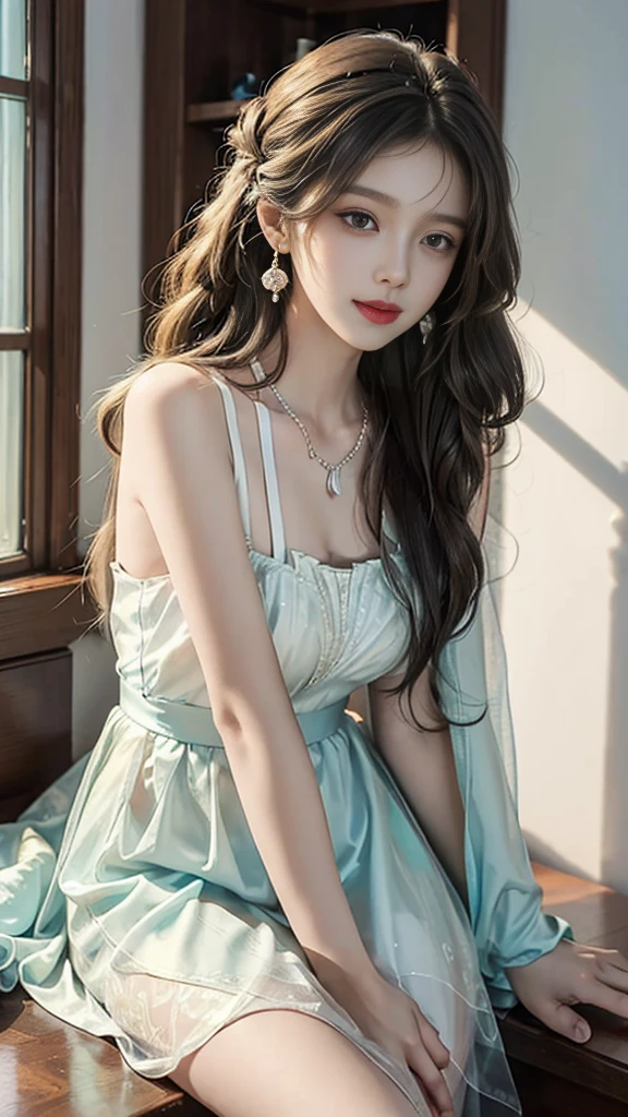 ((whole body)), ((from below)), yushuxin,1 girl,Solitary, ((stand up, Leaning on the windowsill)), ((Lean over)), ((The features are clear, Clear face, Clear face)), red lips, cosmetic, close up, elegant pose, Seductive pose, Perfect Curve, Slim, Sexy, Large Breasts, , beautiful legs, Fascinating eyes, Biting your lips, Messy long hair, Simple and casual scene, Very detailed, Ultra-clear, best quality, Official Art, Beautiful earrings, Beautiful necklace, Very detailed description, Super beautiful painting, Advanced Features, elegant, beautiful, Ultra-fine details, masterpiece, Real texture, Realistic lighting, masterpiece, best quality