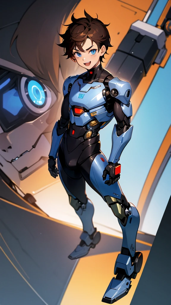 Anime boy, brown hair, blue eyes, smile, boy, cyborg, detail cyborg, cute face, muscle, full body, fangs