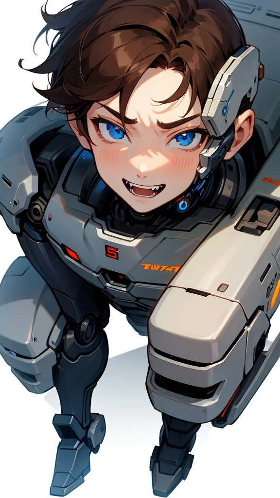 Anime boy, brown hair, blue eyes, smile, teen boy, cyborg, detail cyborg, cute face, muscle, full body, fangs