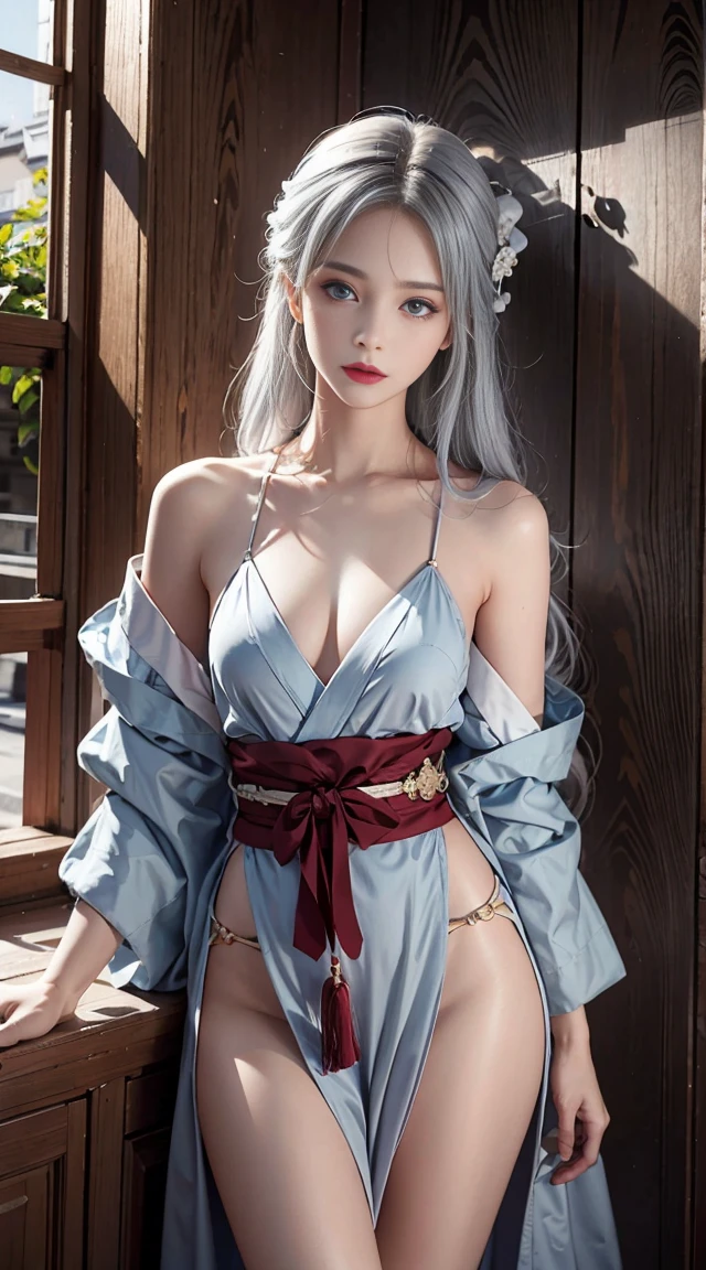 Realistic, masterpiece, Realistic, High resolution, Soft Light, Upper Body, blue eyes, Gray Hair, Long Hair, Shoulder less, Short kimono, Thin legs
