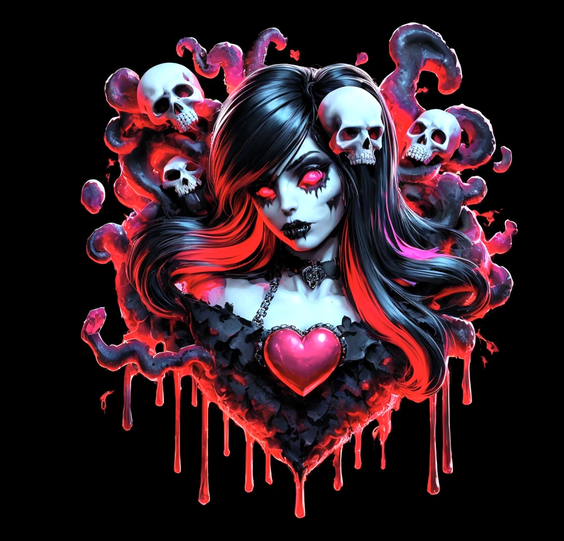a close up of a woman with a heart and skulls on her face, epic 3 d abstract emo girl, gothic harts, dark art style, scary color art in 4 k, dark but detailed digital art, anime skull portrait woman, horrific digital art, beautiful necromancer girl, holy cyborg necromancer girl, gothic art style, gothic art