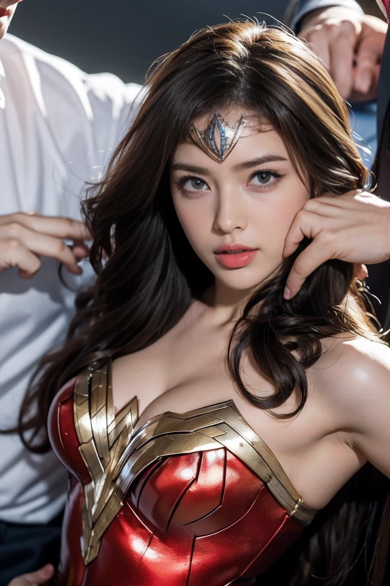 私はWonder Womanです、完璧なWonder Womanの衣装,押しdefeat,defeat,A man straddles me,Grabbed by the face、Hug from the front,I was hugged,be strangled to death,You can have it.,Men lick my face with their tongues,The guys lick my head with their tongues,Men lick my hair with their tongues,My body is licked by men,sleeping face,close ~ eye,Open your mouth,Tired face,Face of Suffering,Being slapped in the face,Getting punched in the face,Fighting with men,Fight with the men,Surrounded by men,,Caught between men,Being held back by men,Entanglement with males, Being attacked by a man,Brown Hair, masterpiece、beautiful girl、fine eye、puffy eye、highest quality, 超High resolution, (reality: 1.4), Cinema Lighting,so beautiful、Beautiful Skin、(超reality的な)、(High resolution)、(8k)、(Very detailed)、(美しくて立派なeye)、(Very detailed)、 Detailed face、Diagonal bangle hair、Brown Hair、20-year-old、Wonder Womanのコスプレ,Wonder Woman