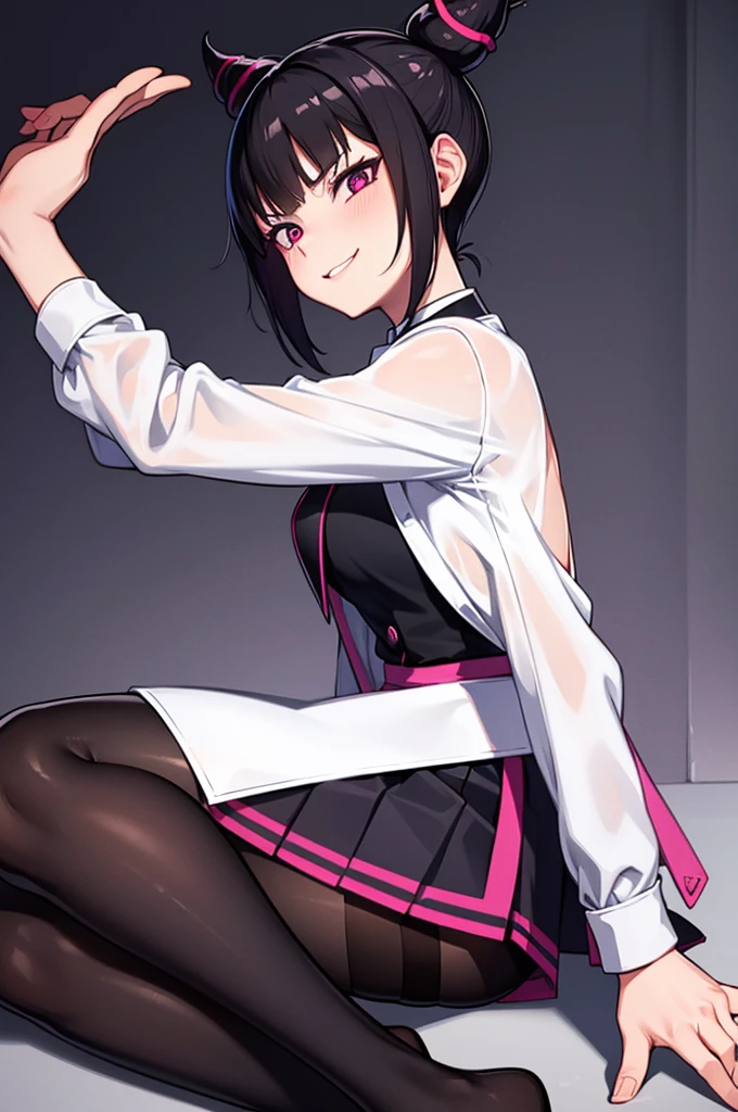 juri han, work of art, tight white secretary shirt with black tie, black high waist skirt, short skirt, short hair, black hair, black tights evil smile,oculos
