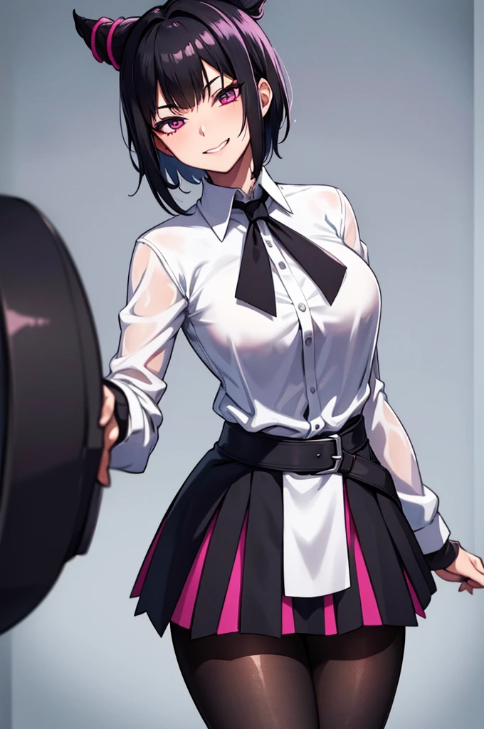 juri han, work of art, tight white secretary shirt with black tie, black high waist skirt, short skirt, short hair, black hair, black tights evil smile,oculos
