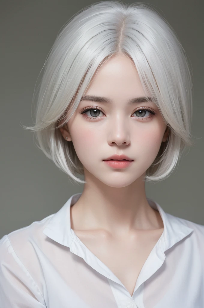 highest quality、masterpiece、超High resolution、(Realistic:1.3)、RAW Photos、(One girl), Beautiful Face, (Realistic Face), (White Hair、short hair:1.3), Beautiful Hairstyles, Realistic eyes, Beautiful fine details, (Realistic Skin), Beautiful Skin, (shirt), Confused, charm, 超High resolution, Ultra-realistic, High resolution, Golden Ratio、Mr.々Background