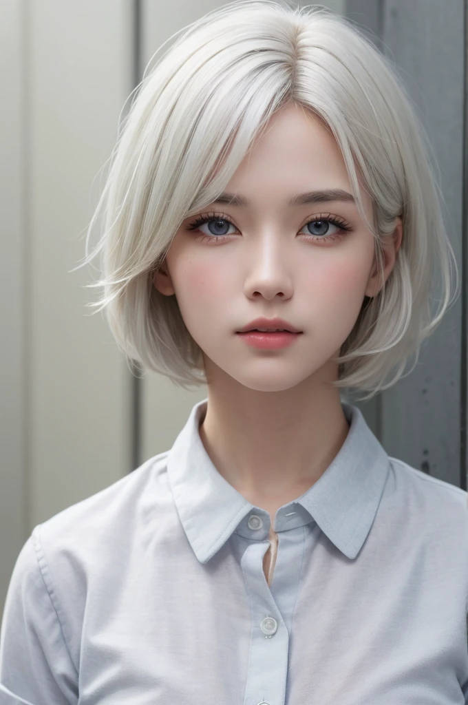 highest quality、masterpiece、超High resolution、(Realistic:1.3)、RAW Photos、(One girl), Beautiful Face, (Realistic Face), (White Hair、short hair:1.3), Beautiful Hairstyles, Realistic eyes, Beautiful fine details, (Realistic Skin), Beautiful Skin, (shirt), Confused, charm, 超High resolution, Ultra-realistic, High resolution, Golden Ratio、Mr.々Background