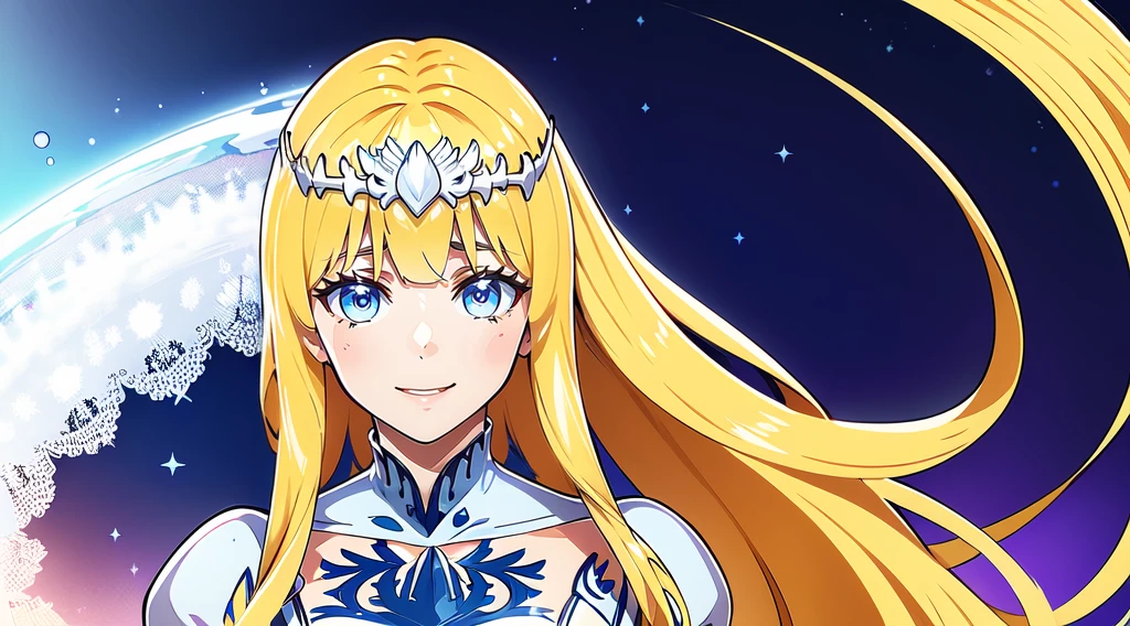 (Lasterk:1.0) Um sorriso sereno, e olhos verdes tranquilos, 1girl, solo, Calca, Calca Bessarez, blonde hair, (extremely long hair:1.3), very long hair, white tiara, white dress, blue eyes, medium chest, long straight hair, mature female, 25 years old,