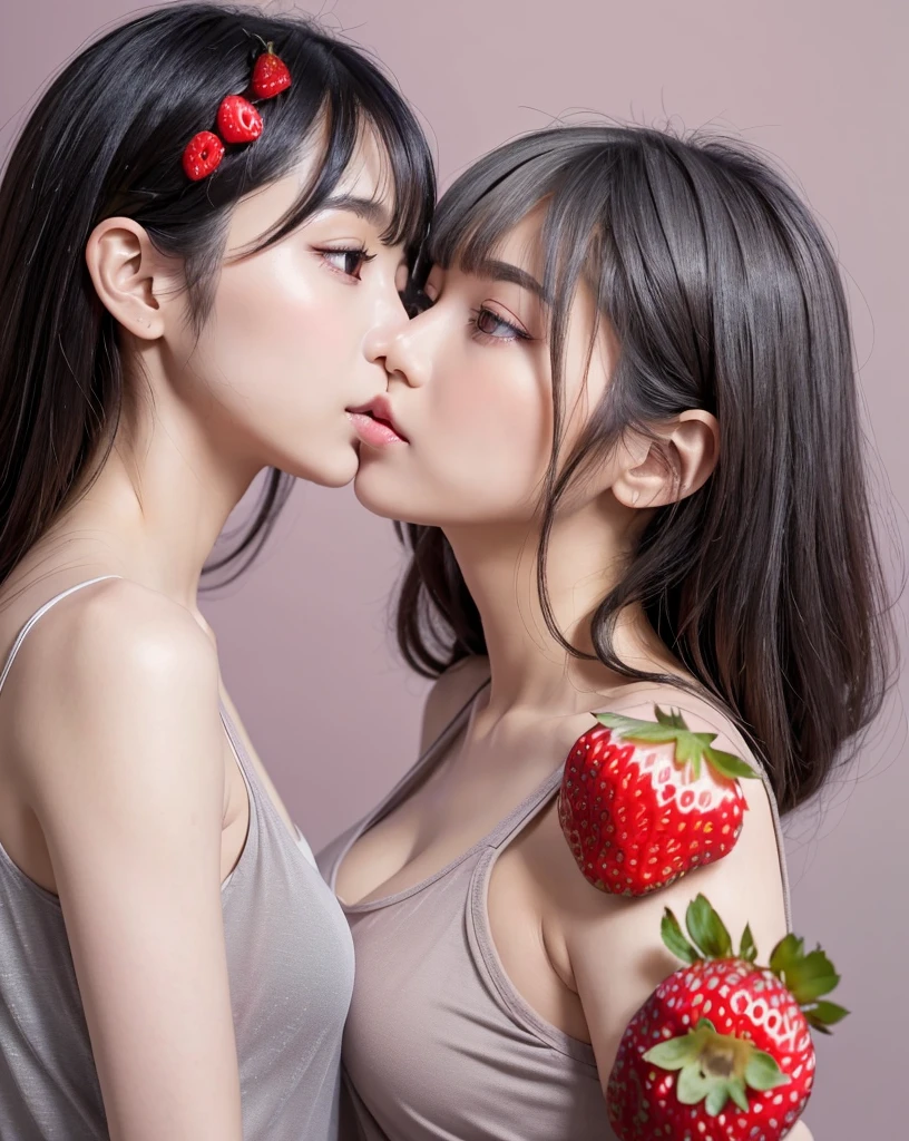 (highest quality, 32k, High resolution, Masterpiece:1.5, ), marimo_jet, Concept Art, Arousing pleasant enjoyment and curiosity, Expressing emotions, Have a rich imagination, Beautiful Japanese Women, An exceptionally beautiful face, Small Face Beauty, Perfect Human Anatomy, Magical big eyes, Motherhood and generosity, Deep Love, fleeting smile, Shiny black hair, Super Long Straight Silk Hair, Asymmetrical bangs, Hair between the eyes, Transparent, soft white skin, Sharp eyebrows, Thin lashes, ((Natural Makeup:1.1)), Cheek highlighter, Pale pink detailed lips, ((Profile of a person kissing a strawberry:1.4)), ((Grey tank top:1.3)), High resolutionの完璧な鎖骨, High resolutionの美しい胸元, Slim figure with ample , High resolutionの美しい太もも, ((Baby Pink Background:1.2)), Professional Lighting, Professional photographer, Professional models, mysterious