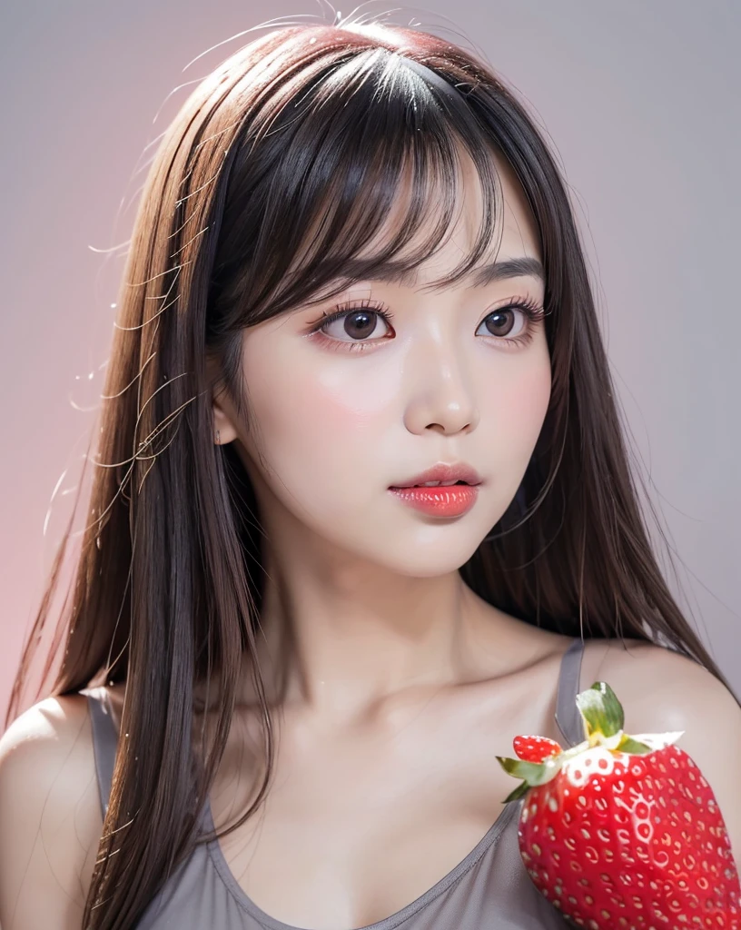 (highest quality, 32k, High resolution, Masterpiece:1.5, ), marimo_jet, Concept Art, Arousing pleasant enjoyment and curiosity, Expressing emotions, Have a rich imagination, Beautiful Japanese Women, An exceptionally beautiful face, Small Face Beauty, Perfect Human Anatomy, Magical big eyes, Motherhood and generosity, Deep Love, fleeting smile, Shiny black hair, Super Long Straight Silk Hair, Asymmetrical bangs, Hair between the eyes, Transparent, soft white skin, Sharp eyebrows, Thin lashes, ((Natural Makeup:1.1)), Cheek highlighter, Pale pink detailed lips, ((Profile of a person kissing a strawberry:1.4)), ((Grey tank top:1.3)), High resolutionの完璧な鎖骨, High resolutionの美しい胸元, Slim figure with ample breasts, High resolutionの美しい太もも, (( Pink Background:1.2)), Professional Lighting, Professional photographer, Professional models, mysterious
