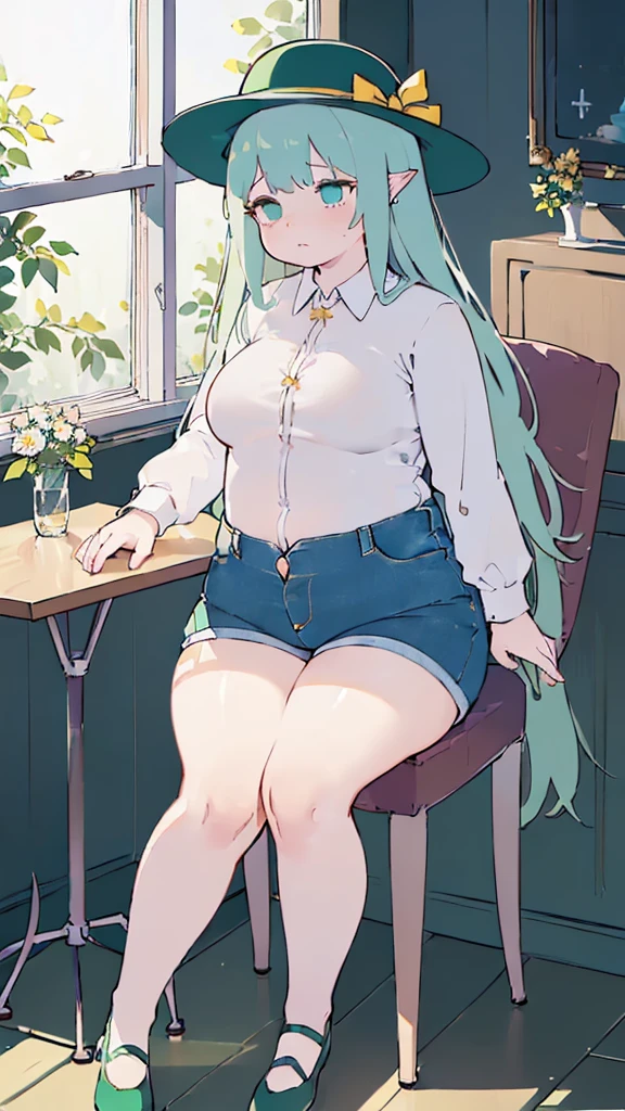 (flat:1.5),(cafe, window, sunlight, table, chair, sedentary:1.5) (big ass, thick thighs:0.7), (warm light source:1.2), intricate details, volumetric lighting, Realism BREAK(masterpiece:1.2), (top quality), 4K, ultra detail, (Dynamic configuration:1.4), Very detailed and colorful details,(rainbow colors:1.2), (shining lights, atmospheric lighting), dreamy, magical, (alone:1.2), intricate details, cheeky expression, (big breasts:1.5), (green eyes:1.5), (a devastated expression, dead eyes, dark atmosphere:1.5), (Green long hair:1.5), (shoes, buttoned dress shirt, Small hat,Small and tight denim shorts:1.5), (chubby), (beautiful eyes, flushing:1.5),(human ear,thin legs:1.5),(chair에 sedentary, diagonal shot:1.5), (embarrassing:1.5),(diagonal shot:1.5)