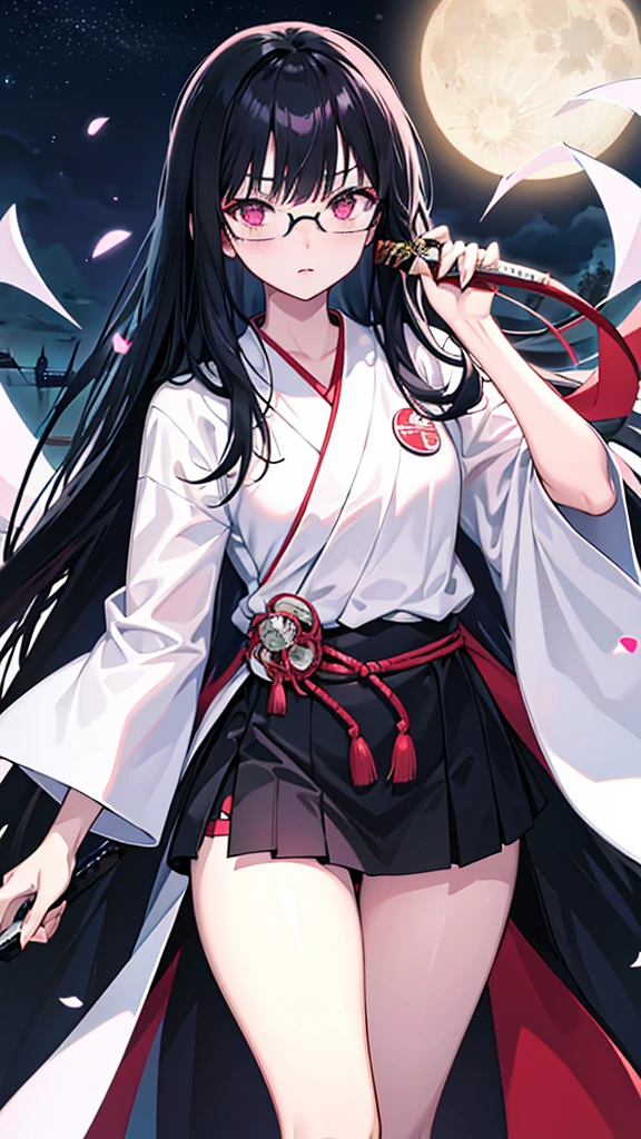 Black Hair　Straight Hair　Long Hair　Glasses　Japanese sword　moon　night　lake　One girl pink eye