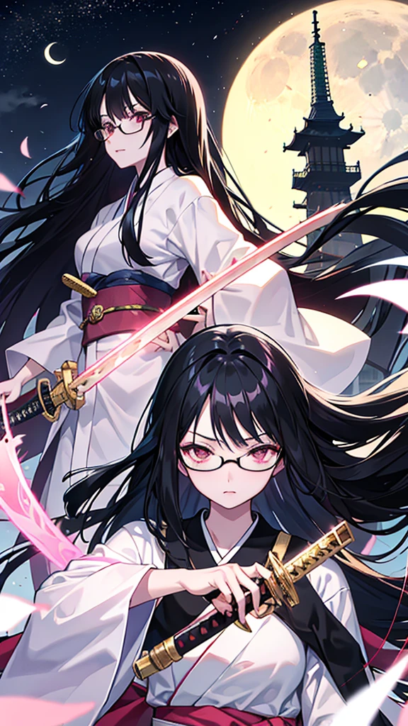 Black Hair Straight Hair Long Hair Glasses Japanese sword moon night lake One girl pink eye