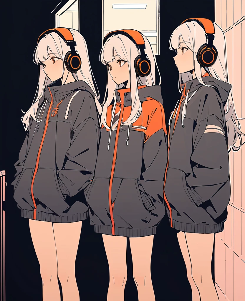 flat color,(best quality, masterpiece, ultra high-resolution, ultra-detailed: 1.2), Three unique girls are standing side by side,tween,detailed face,Headphones,profile,Waste Shot,