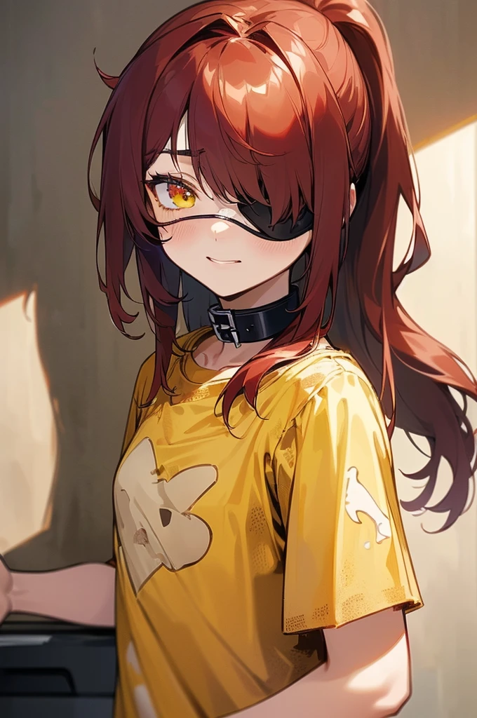 {masterpiece, distinct_image, extremely detailed CG, beautiful eyes and detailed face, 4k, 8k, high_resolution, perfect_finger, (beautiful_detailed_eyes:1.3), glitter, white_light,{1boy, face_focus,full body, looking for_in_viewer, standing},{miniboy, (tattered yellow T-shirt, iron_collar, black_right_eyepatch:1.5), (red_hair, red_eyes, long_hair, ponytail, hair_over_one_eye, one_eye_covered_with_hair, asymmetrical_bangs:1.4), tired_face, (gray_wall_prison_indoor:1.3)}}