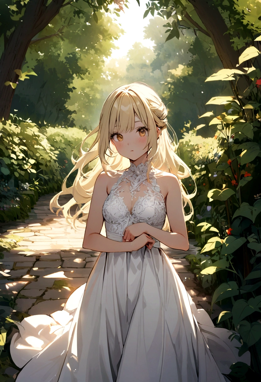 Blonde girl wearing a white fishtail dress is posing for a photo in the garden