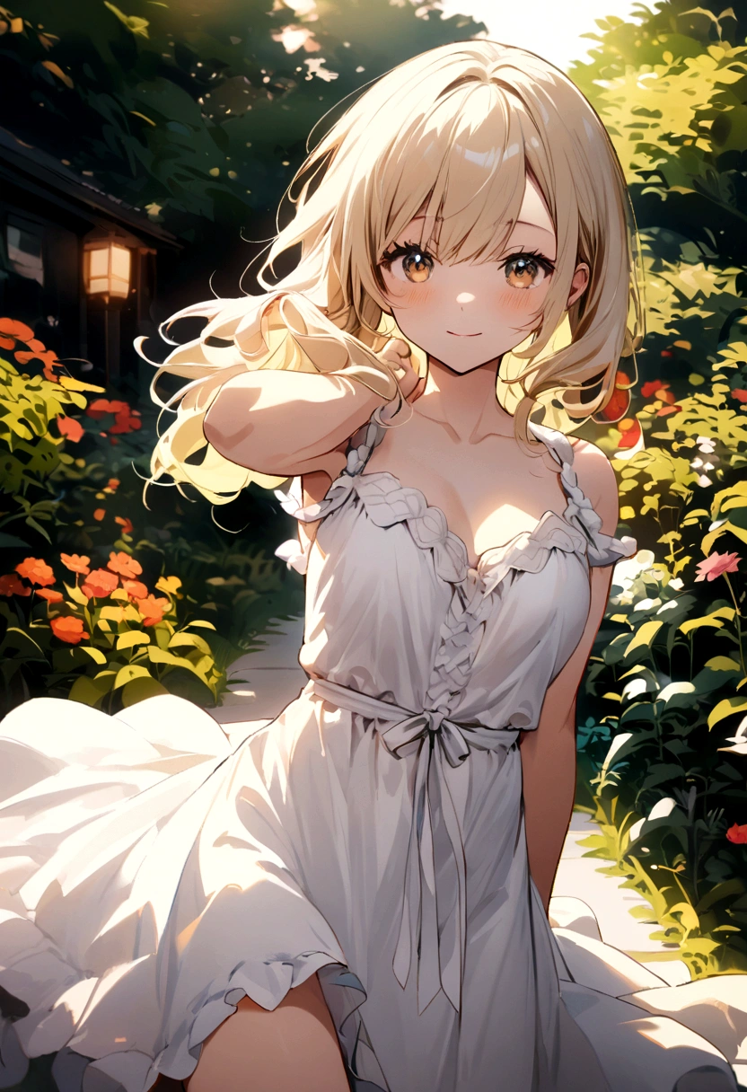 Blonde girl wearing a white fishtail dress is posing for a photo in the garden