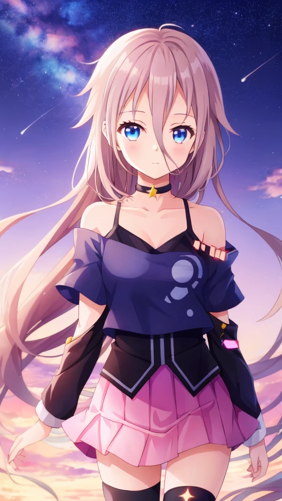 one girl, IA, Vocaloid, CeVIO AI, short skirt, black shirt, off shoulder, choker, beauty, starry sky, mysterious girl, close to girl, Aria on the Planetes, slender, cool, cowboy shot, pray for stars, zettai ryouiki