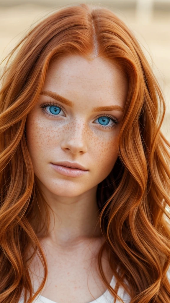 The most beautiful ginger woman, close up of face, perfect skin, symmetrical face, bright blue eyes, wavy hair, perfect face, perfect skin, mild freckels, photorealistic, real life quality, real life skin