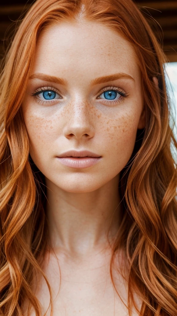 The most beautiful ginger woman, close up of face, perfect skin, symmetrical face, bright blue eyes, wavy hair, perfect face, perfect skin, mild freckels, photorealistic, real life quality, real life skin