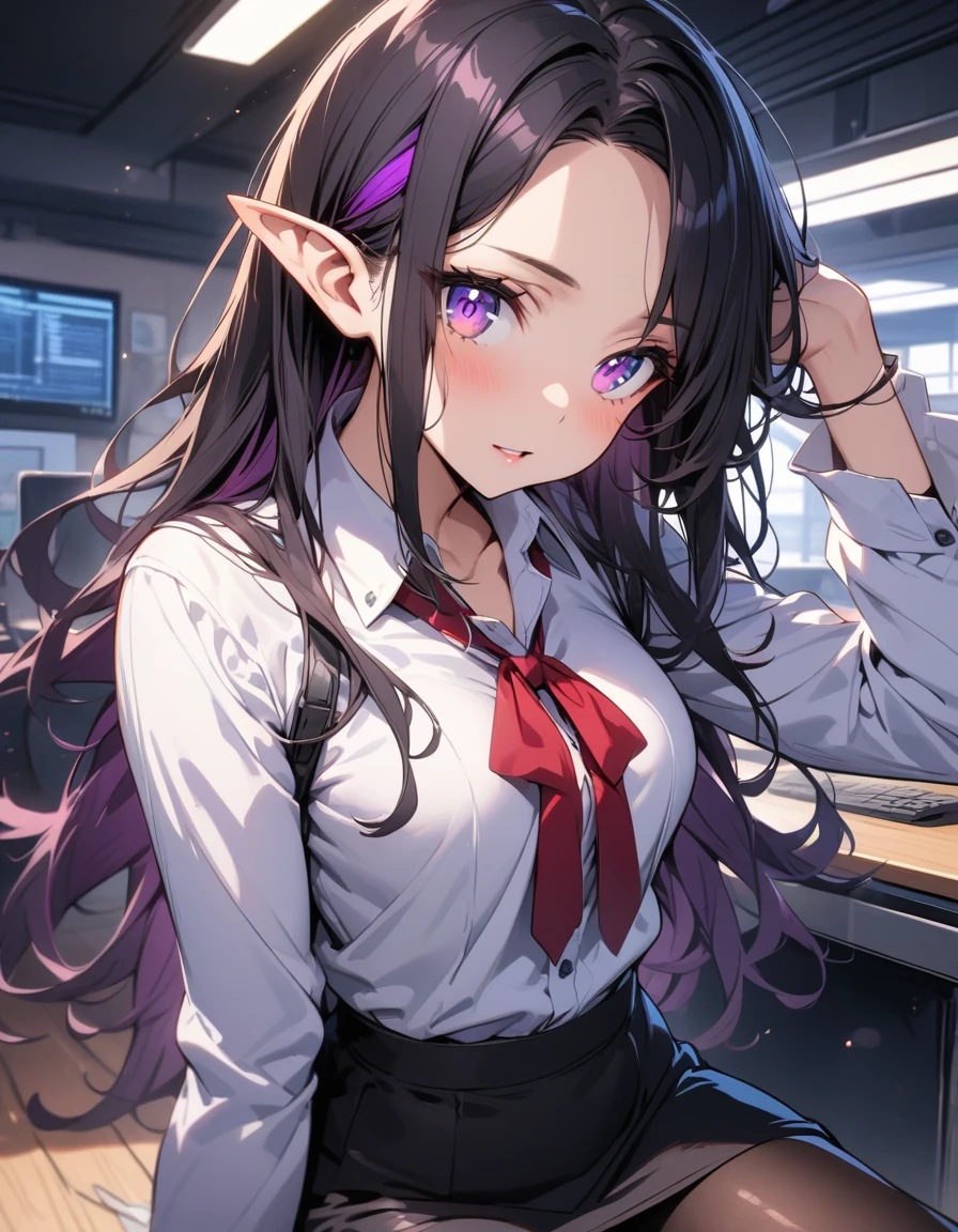 ((highest quality, masterpiece, ultra high definition, high resolution)), ((ultra-detailed illustrations:1.2)), 1 girl, solo, anime style, beautiful hair, parted bangs, loose hair, long hair, black hair, dark purple hair, multi colored hair, beautiful detailed eyes, beautiful detailed pupils, violet eyes, looking at viewer, pointed ears, mid-chest, white shirt, collared shirt, long sleeves, black mini skirt, pantyhose, shiny skin, shiny, indoor, office