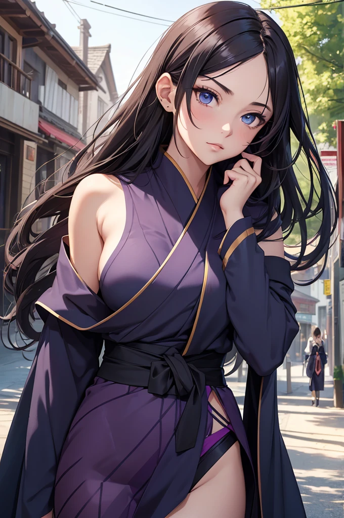 8K, Best Quality, Masterpiece, Ultra High Resolution, 1 Girl, Woman, Beautiful Eyes, Face Details, Dark Brunette Hair, Very Long Hair, Straight Hair, Navy Blue Eyes, Kunoichi Uniform, Sleeveless Purple Kimono, Mesh Tights, Standing Outside in Village, Pale Skin, Masterpiece, Best Quality, Upper Body, Looking at the Viewer, Close Up
