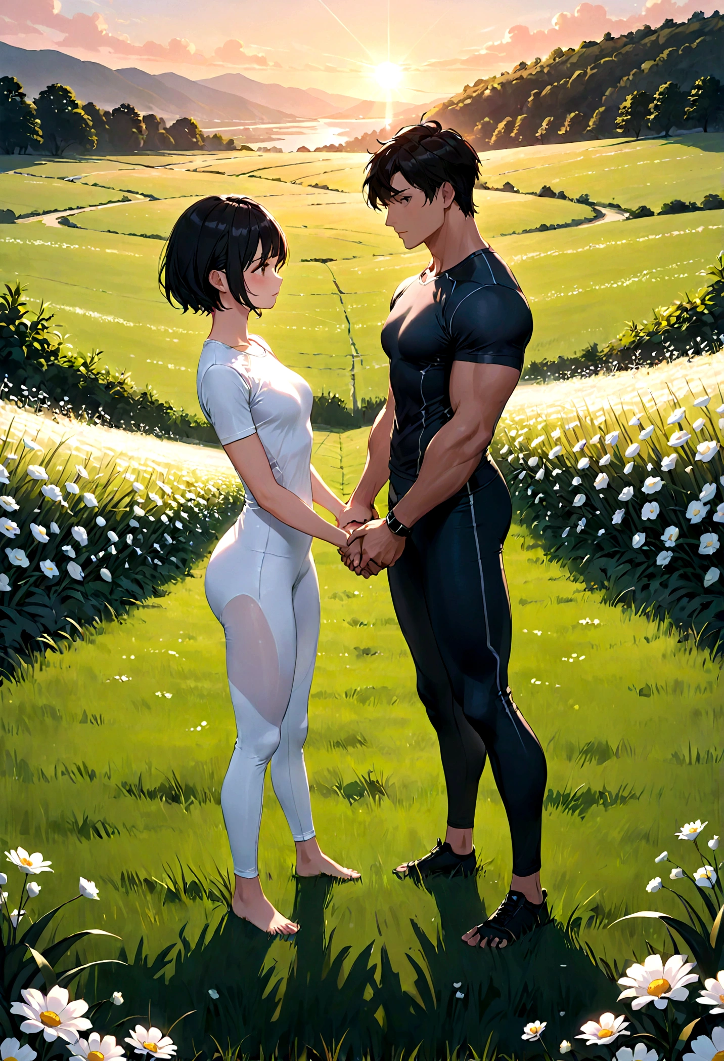 [1 couple] Romantic Atmosphere, 1 girl with body con leggings and short black hair holding hands of 1 tall and muscular wearing a compression shirt in the sunset, romantic, grass field, white flowers