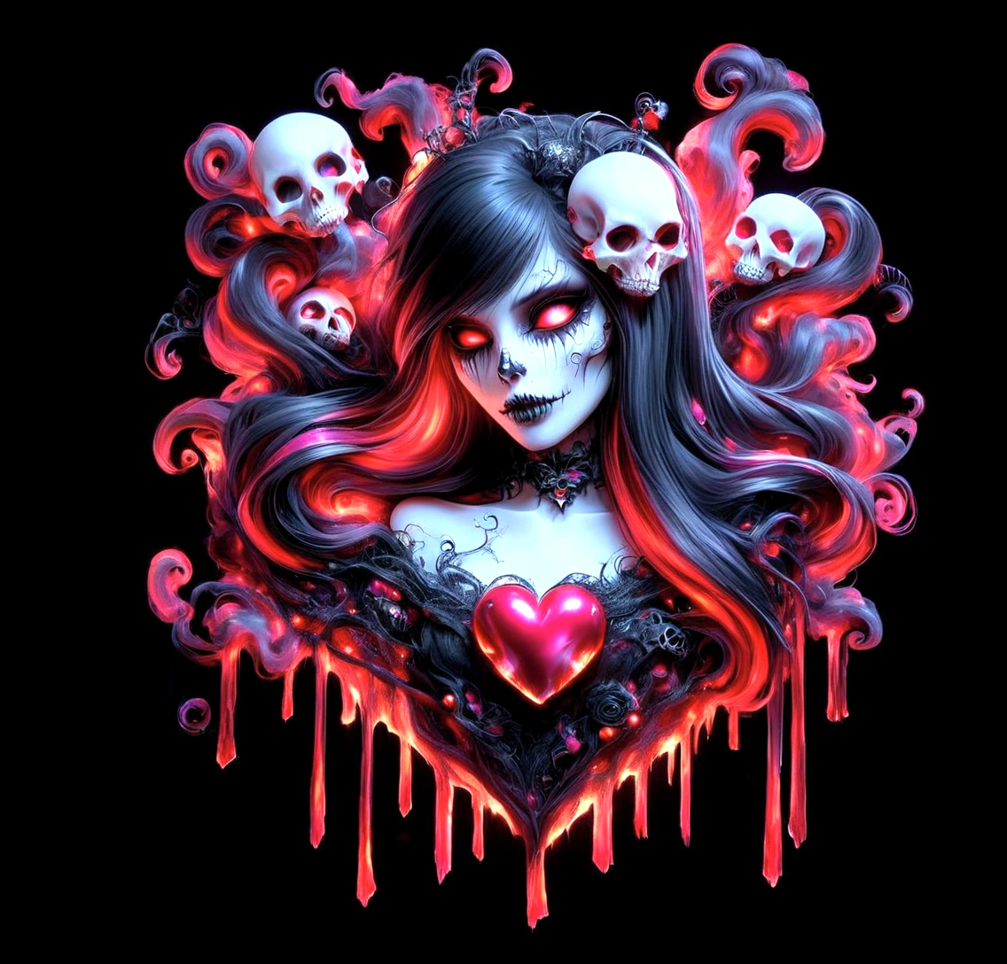 a close up of a woman with a heart and skulls on her face, epic 3 d abstract emo girl, gothic harts, dark art style, scary color art in 4 k, dark but detailed digital art, anime skull portrait woman, horrific digital art, beautiful necromancer girl, holy cyborg necromancer girl, gothic art style, gothic art