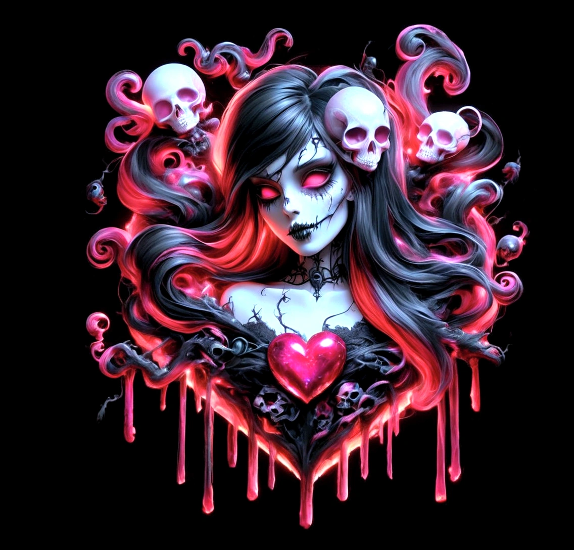 a close up of a woman with a heart and skulls on her face, epic 3 d abstract emo girl, gothic harts, dark art style, scary color art in 4 k, dark but detailed digital art, anime skull portrait woman, horrific digital art, beautiful necromancer girl, holy cyborg necromancer girl, gothic art style, gothic art