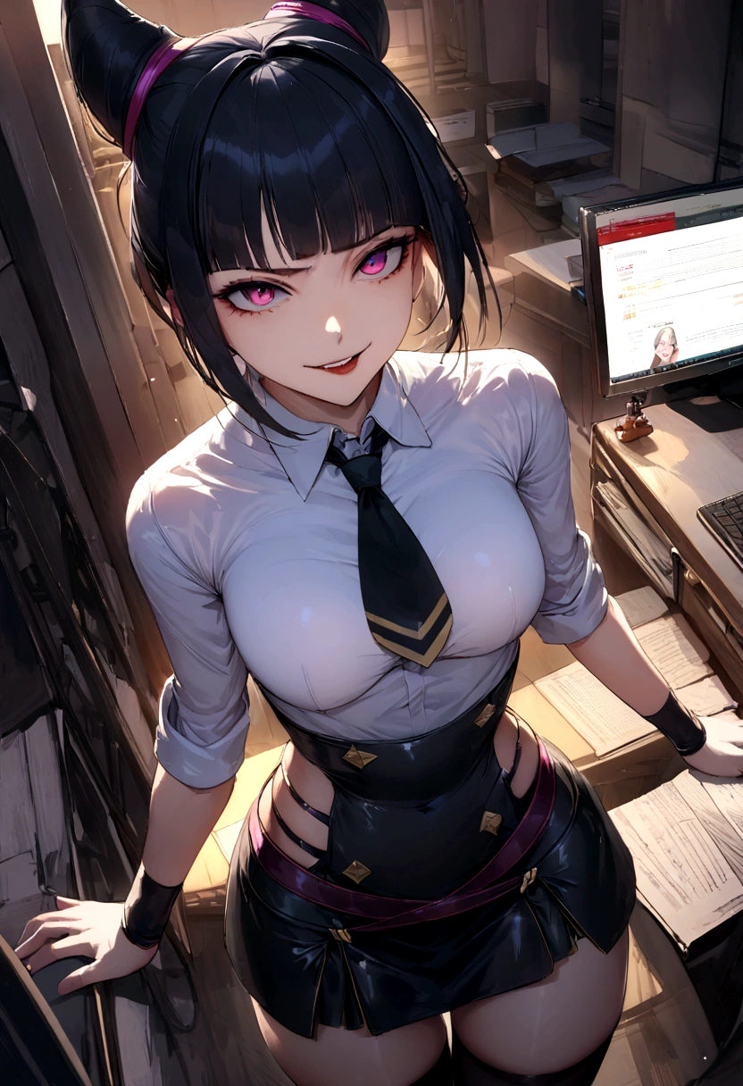 juri han, work of art, tight white secretary shirt with black tie, black high waist skirt, short skirt,stocking, black hair, black tights,evil smile,office,franja nos olhos,lighting,chifre de cabelos,view from above,olhando para cima