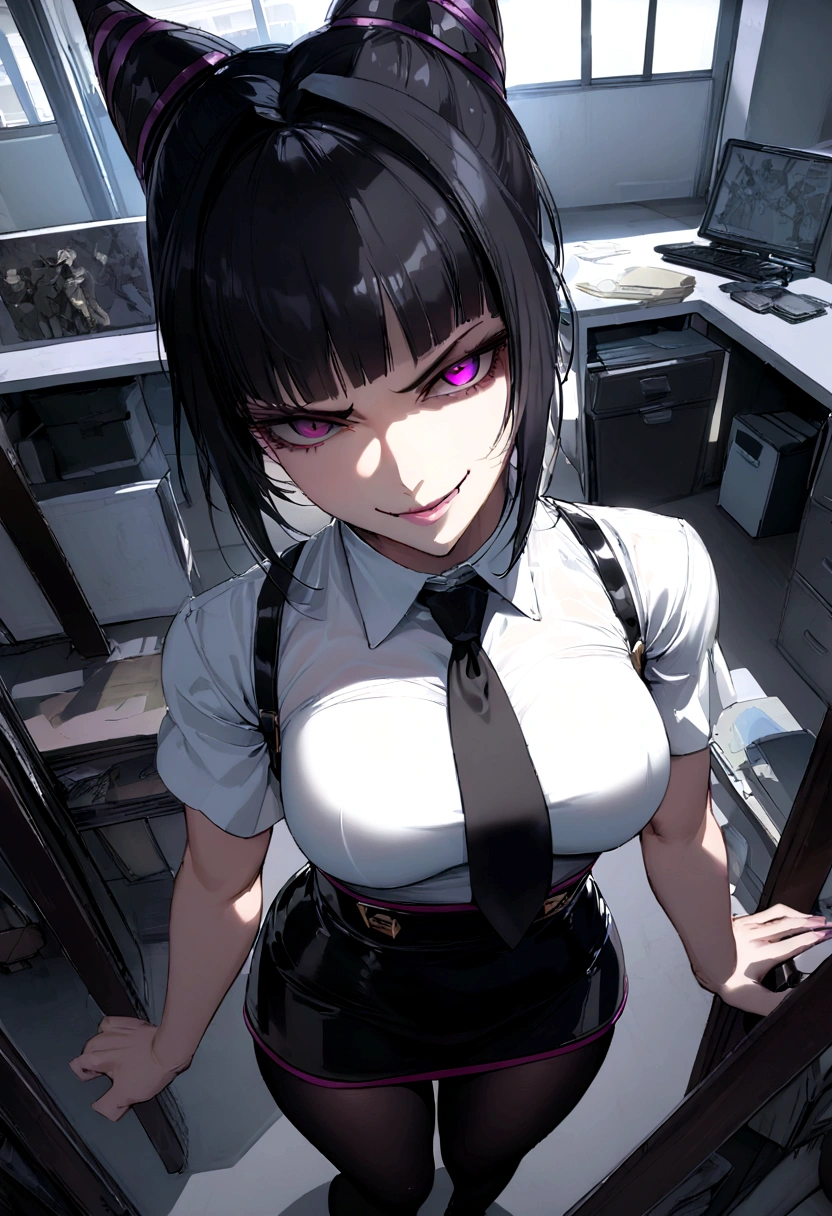 juri han, work of art, tight white secretary shirt with black tie, black high waist skirt, short skirt,stocking, black hair, black tights,evil smile,office,franja nos olhos,lighting,chifre de cabelos,view from above,olhando para cima