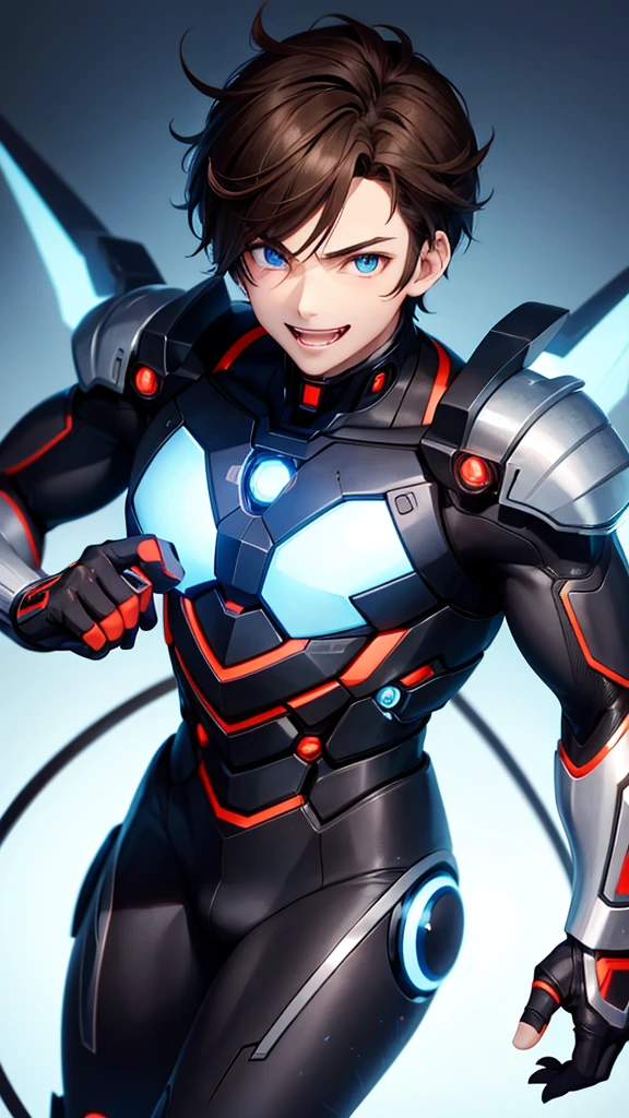 Anime boy, brown hair, blue eyes, smile, teen boy, cyborg, detail cyborg, cute face, muscle, full body, fangs
