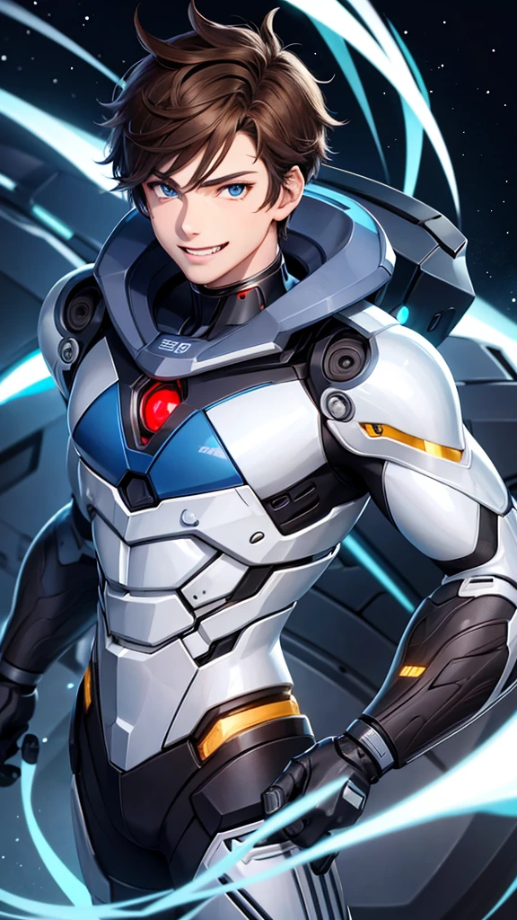 Anime boy, brown hair, blue eyes, smile,  boy, cyborg, detail cyborg, cute face, muscle, full body, fangs