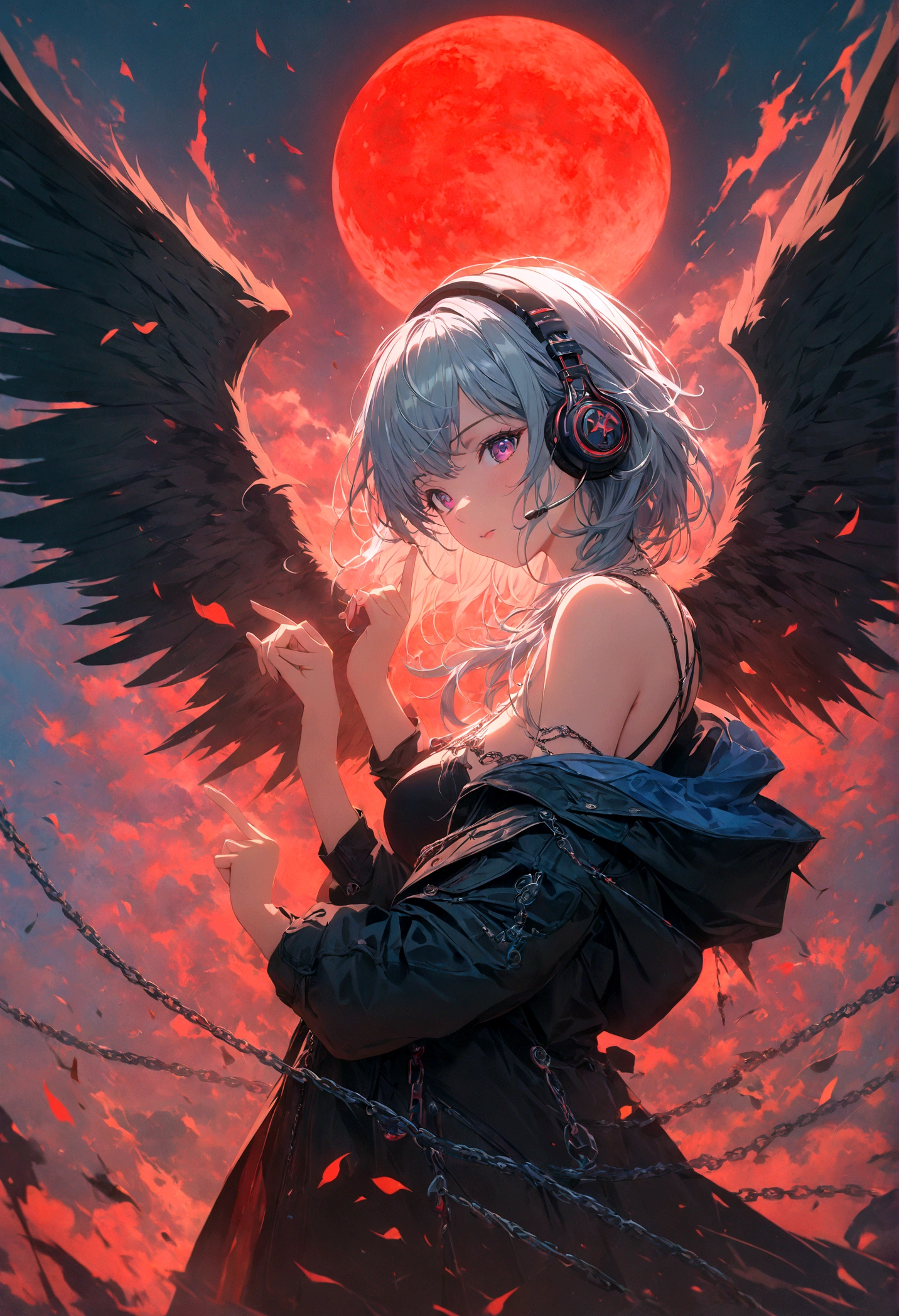 4k anime wallpaper, 4k anime wallpaper, Anime Art Wallpapers 8K, 4K Anime Style, anime art wallpaper 4k, anime art wallpaper 4k, 4k anime wallpaper, Eugeo Art, Detailed digital anime art, ((masterpiece, highest quality)), (Complex Light), Perfect hands, Normal finger, Hyper Detail, Bright colors.Fantasy manga style demon beautiful girl, silver hair, short, headphones, half wearing dark long coat, off the shoulder, black wings, chain, red moon, otherworldly painting.